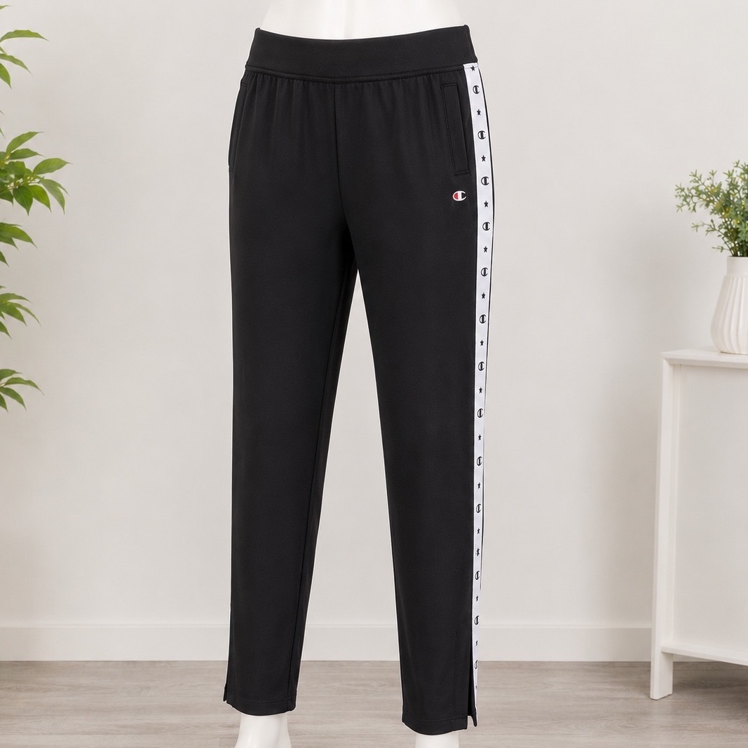 Champion Mens Black Track Pants White Side Stripe Logo Star Graphic Joggers M